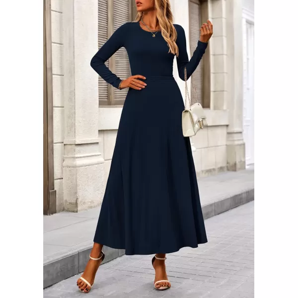 PRETTYGARDEN Womens 2 Piece Outfits Dressy Casual Ribbed Knit Long Sleeve Crop Tops Maxi Flowy Skirts Matching SetsNavy