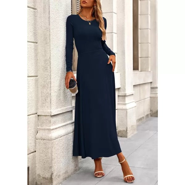 PRETTYGARDEN Womens 2 Piece Outfits Dressy Casual Ribbed Knit Long Sleeve Crop Tops Maxi Flowy Skirts Matching SetsNavy