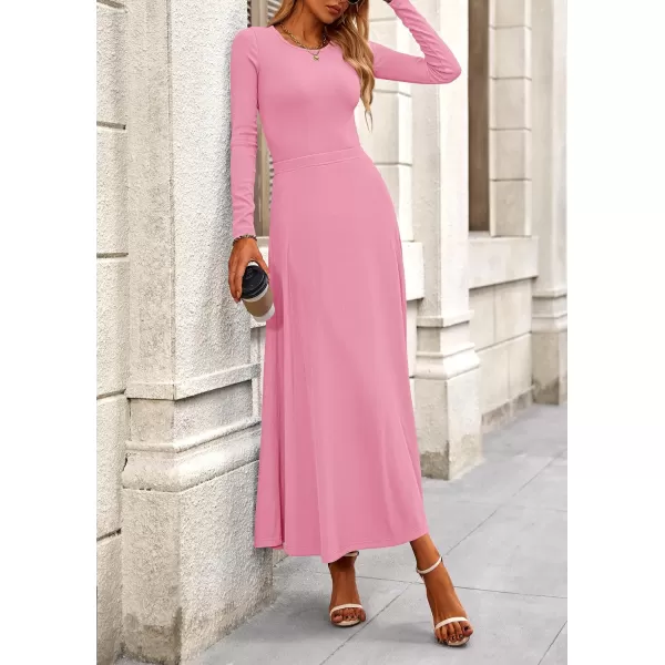 PRETTYGARDEN Womens 2 Piece Outfits Dressy Casual Ribbed Knit Long Sleeve Crop Tops Maxi Flowy Skirts Matching SetsPink