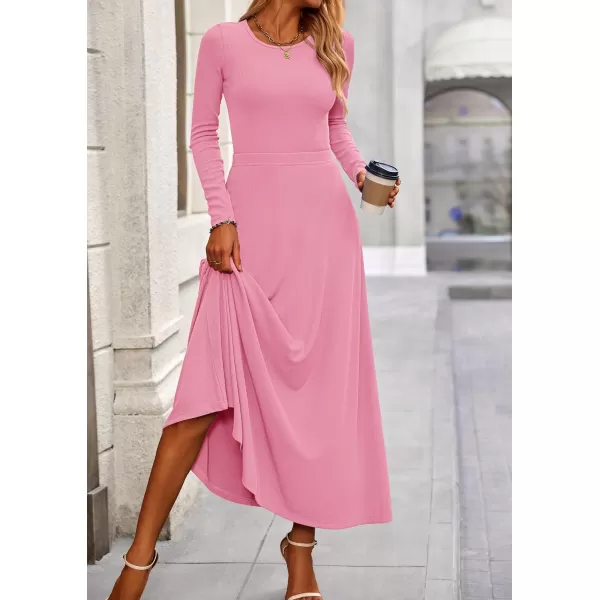 PRETTYGARDEN Womens 2 Piece Outfits Dressy Casual Ribbed Knit Long Sleeve Crop Tops Maxi Flowy Skirts Matching SetsPink