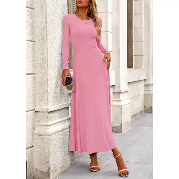 PRETTYGARDEN Womens 2 Piece Outfits Dressy Casual Ribbed Knit Long Sleeve Crop Tops Maxi Flowy Skirts Matching SetsPink