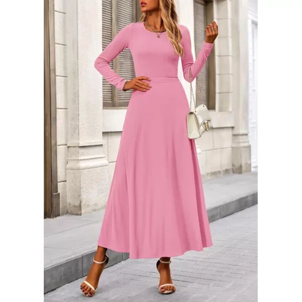 PRETTYGARDEN Womens 2 Piece Outfits Dressy Casual Ribbed Knit Long Sleeve Crop Tops Maxi Flowy Skirts Matching SetsPink