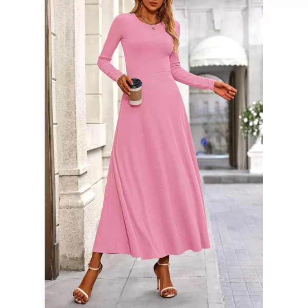 PRETTYGARDEN Womens 2 Piece Outfits Dressy Casual Ribbed Knit Long Sleeve Crop Tops Maxi Flowy Skirts Matching SetsPink