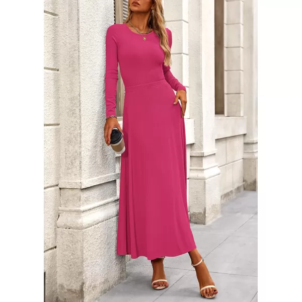 PRETTYGARDEN Womens 2 Piece Outfits Dressy Casual Ribbed Knit Long Sleeve Crop Tops Maxi Flowy Skirts Matching SetsRose Red