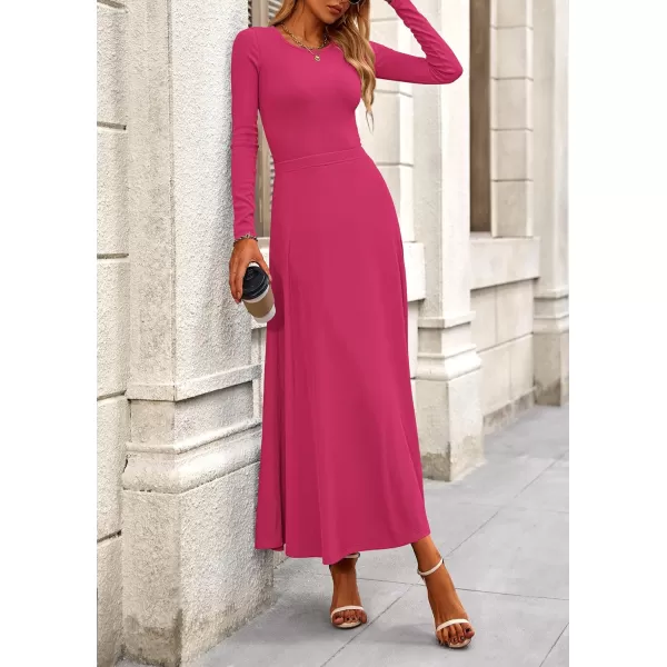 PRETTYGARDEN Womens 2 Piece Outfits Dressy Casual Ribbed Knit Long Sleeve Crop Tops Maxi Flowy Skirts Matching SetsRose Red