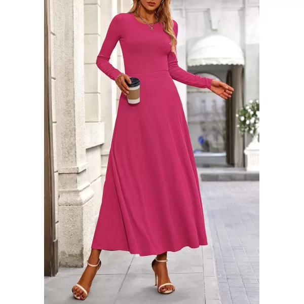 PRETTYGARDEN Womens 2 Piece Outfits Dressy Casual Ribbed Knit Long Sleeve Crop Tops Maxi Flowy Skirts Matching SetsRose Red
