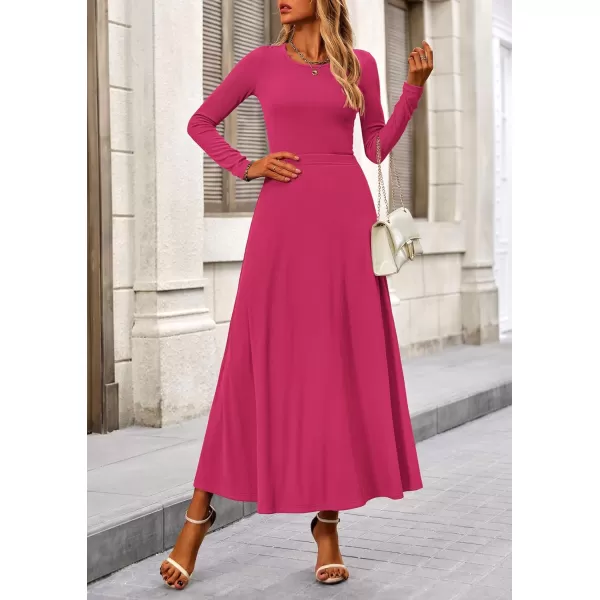 PRETTYGARDEN Womens 2 Piece Outfits Dressy Casual Ribbed Knit Long Sleeve Crop Tops Maxi Flowy Skirts Matching SetsRose Red