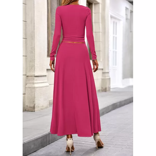 PRETTYGARDEN Womens 2 Piece Outfits Dressy Casual Ribbed Knit Long Sleeve Crop Tops Maxi Flowy Skirts Matching SetsRose Red