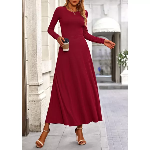 PRETTYGARDEN Womens 2 Piece Outfits Dressy Casual Ribbed Knit Long Sleeve Crop Tops Maxi Flowy Skirts Matching SetsWine Red