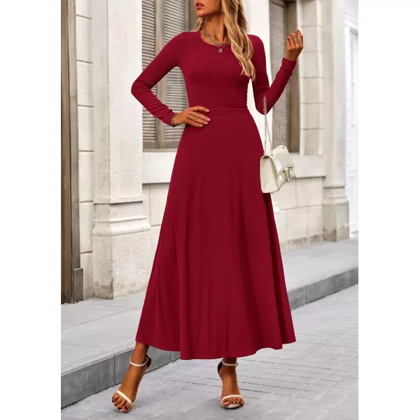 PRETTYGARDEN Womens 2 Piece Outfits Dressy Casual Ribbed Knit Long Sleeve Crop Tops Maxi Flowy Skirts Matching SetsWine Red