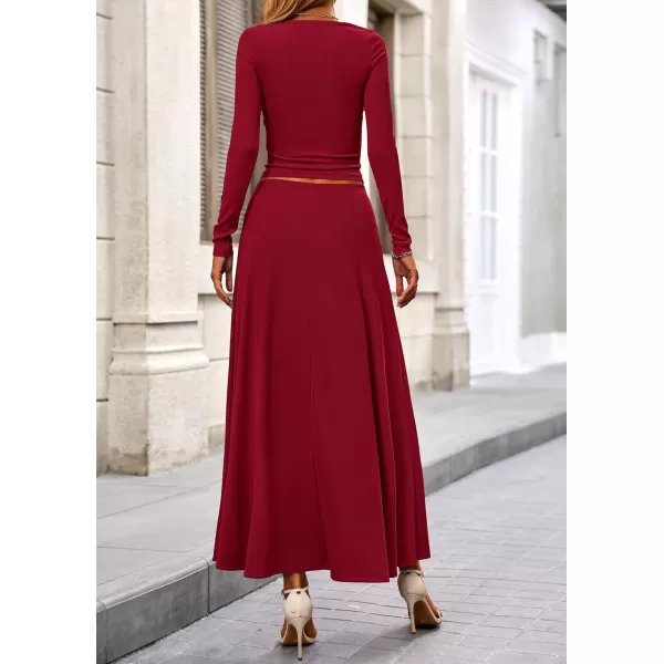 PRETTYGARDEN Womens 2 Piece Outfits Dressy Casual Ribbed Knit Long Sleeve Crop Tops Maxi Flowy Skirts Matching SetsWine Red