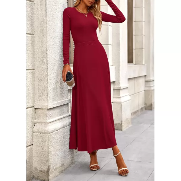 PRETTYGARDEN Womens 2 Piece Outfits Dressy Casual Ribbed Knit Long Sleeve Crop Tops Maxi Flowy Skirts Matching SetsWine Red