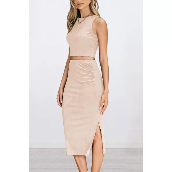 PRETTYGARDEN Womens 2 Piece Summer Outfits Crewneck Tank Tops Split Bodycon Midi Skirt SetApricot
