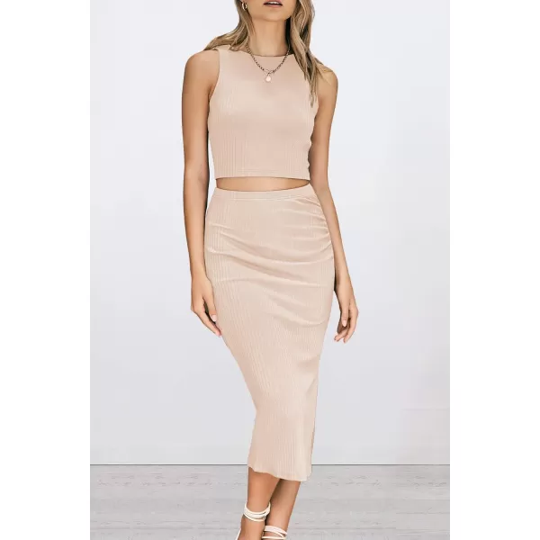 PRETTYGARDEN Womens 2 Piece Summer Outfits Crewneck Tank Tops Split Bodycon Midi Skirt SetApricot