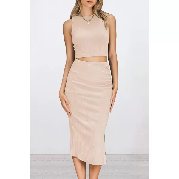 PRETTYGARDEN Womens 2 Piece Summer Outfits Crewneck Tank Tops Split Bodycon Midi Skirt SetApricot
