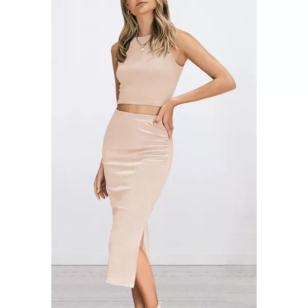PRETTYGARDEN Womens 2 Piece Summer Outfits Crewneck Tank Tops Split Bodycon Midi Skirt SetApricot