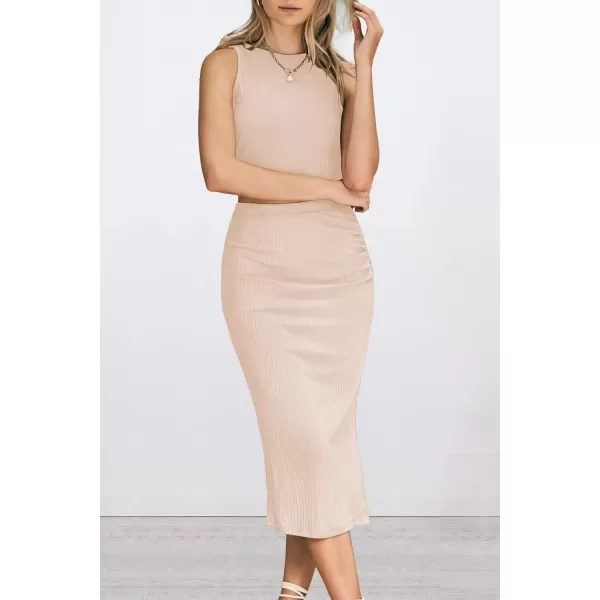 PRETTYGARDEN Womens 2 Piece Summer Outfits Crewneck Tank Tops Split Bodycon Midi Skirt SetApricot
