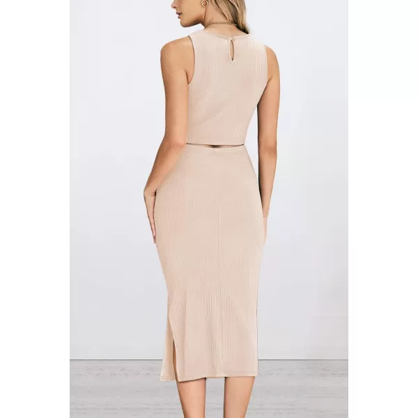 PRETTYGARDEN Womens 2 Piece Summer Outfits Crewneck Tank Tops Split Bodycon Midi Skirt SetApricot