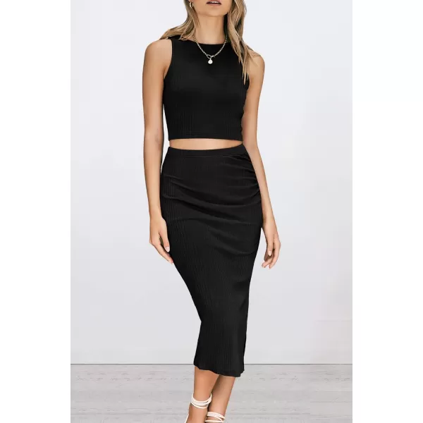 PRETTYGARDEN Womens 2 Piece Summer Outfits Crewneck Tank Tops Split Bodycon Midi Skirt SetBlack