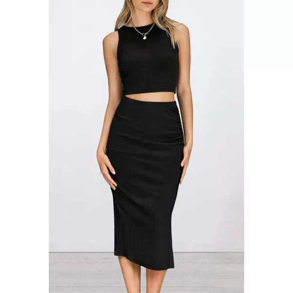 PRETTYGARDEN Womens 2 Piece Summer Outfits Crewneck Tank Tops Split Bodycon Midi Skirt SetBlack