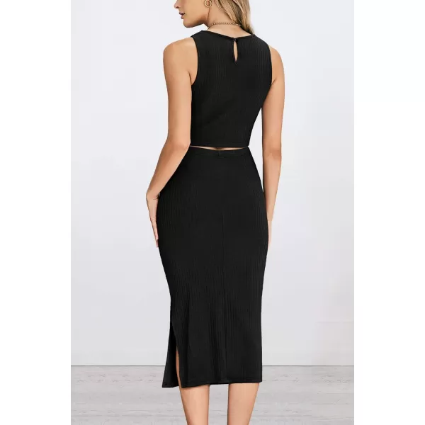 PRETTYGARDEN Womens 2 Piece Summer Outfits Crewneck Tank Tops Split Bodycon Midi Skirt SetBlack