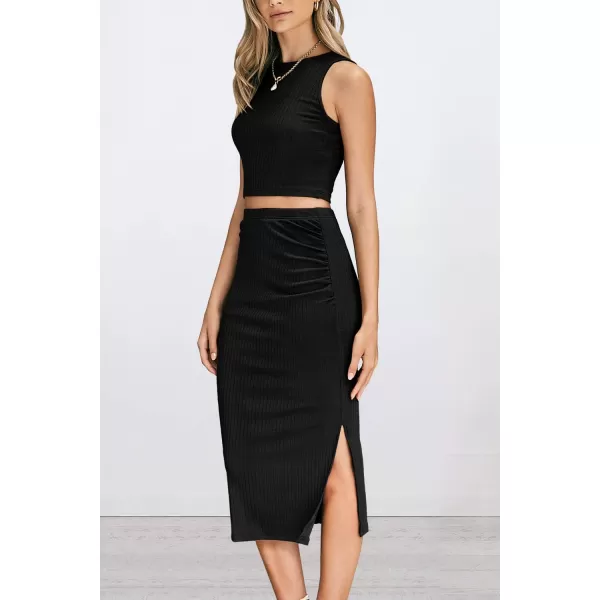 PRETTYGARDEN Womens 2 Piece Summer Outfits Crewneck Tank Tops Split Bodycon Midi Skirt SetBlack