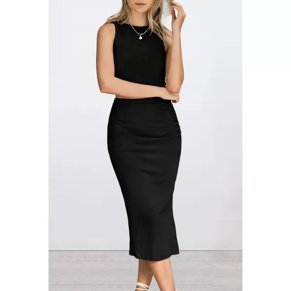 PRETTYGARDEN Womens 2 Piece Summer Outfits Crewneck Tank Tops Split Bodycon Midi Skirt SetBlack