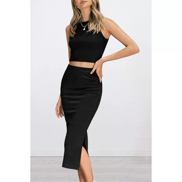 PRETTYGARDEN Womens 2 Piece Summer Outfits Crewneck Tank Tops Split Bodycon Midi Skirt SetBlack