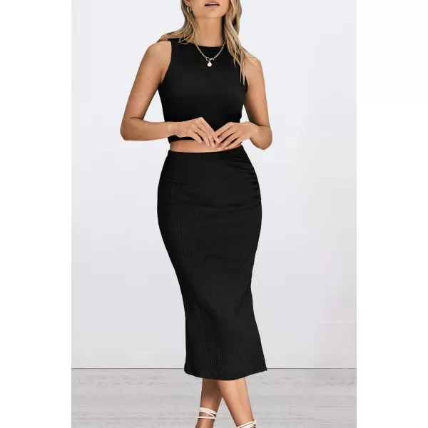 PRETTYGARDEN Womens 2 Piece Summer Outfits Crewneck Tank Tops Split Bodycon Midi Skirt SetBlack