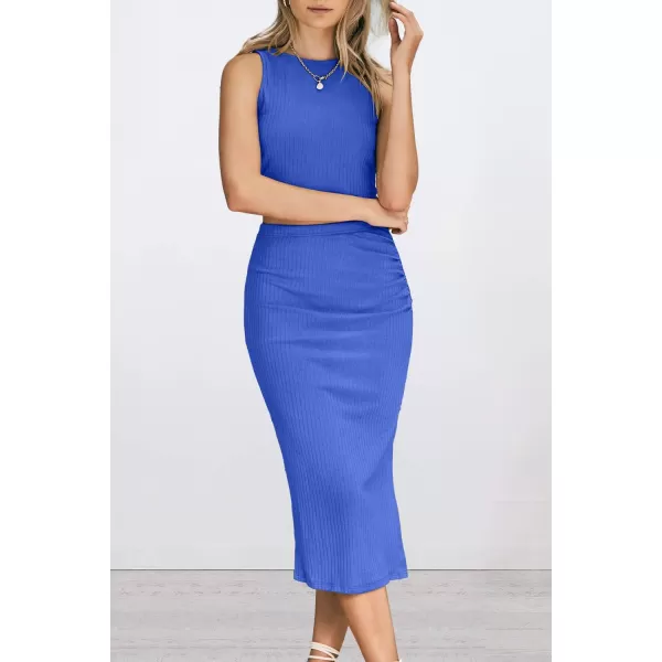 PRETTYGARDEN Womens 2 Piece Summer Outfits Crewneck Tank Tops Split Bodycon Midi Skirt SetBlue