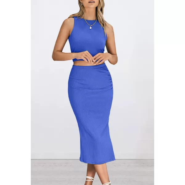 PRETTYGARDEN Womens 2 Piece Summer Outfits Crewneck Tank Tops Split Bodycon Midi Skirt SetBlue
