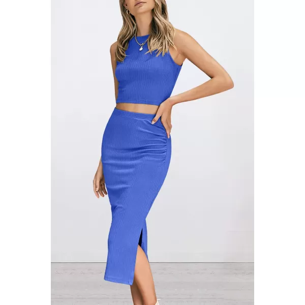 PRETTYGARDEN Womens 2 Piece Summer Outfits Crewneck Tank Tops Split Bodycon Midi Skirt SetBlue