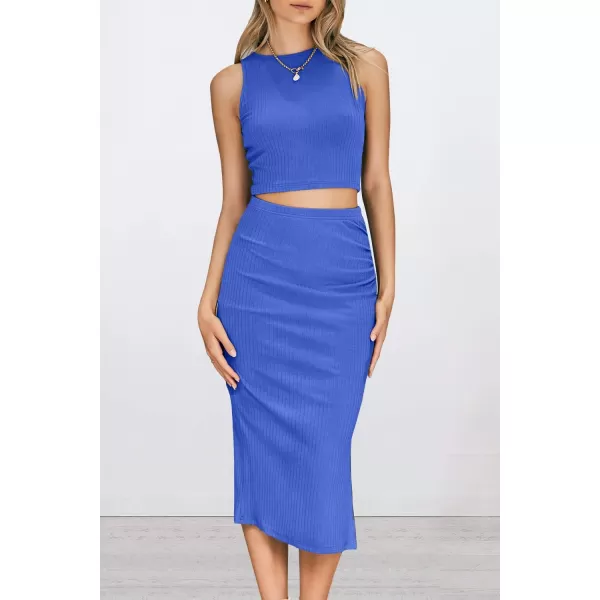 PRETTYGARDEN Womens 2 Piece Summer Outfits Crewneck Tank Tops Split Bodycon Midi Skirt SetBlue