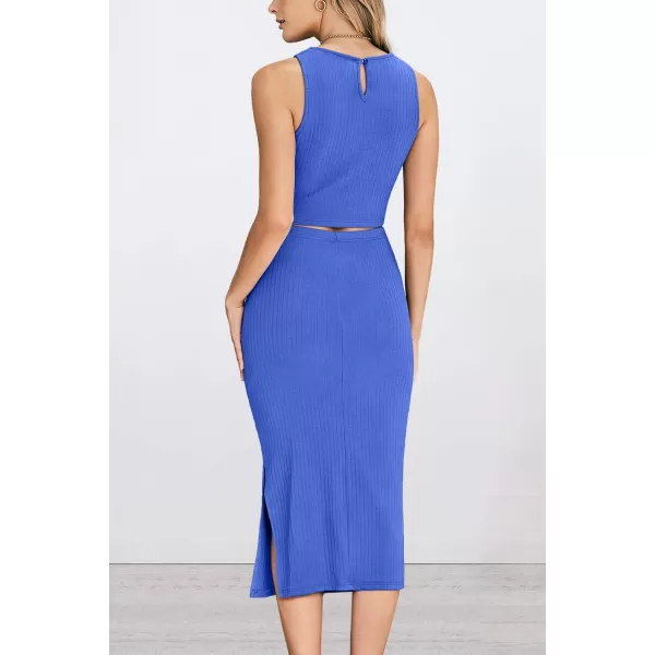 PRETTYGARDEN Womens 2 Piece Summer Outfits Crewneck Tank Tops Split Bodycon Midi Skirt SetBlue