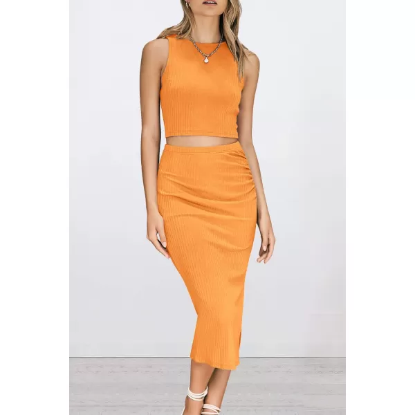 PRETTYGARDEN Womens 2 Piece Summer Outfits Crewneck Tank Tops Split Bodycon Midi Skirt SetBright Yellow