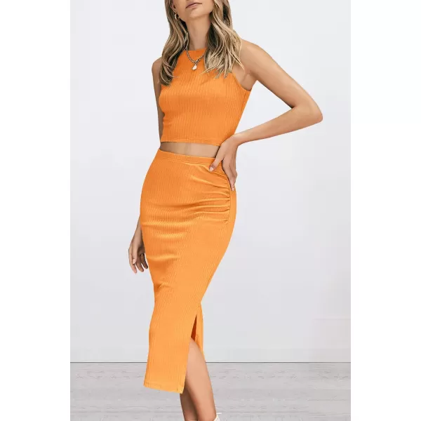 PRETTYGARDEN Womens 2 Piece Summer Outfits Crewneck Tank Tops Split Bodycon Midi Skirt SetBright Yellow