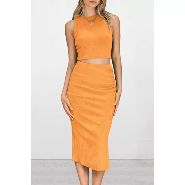 PRETTYGARDEN Womens 2 Piece Summer Outfits Crewneck Tank Tops Split Bodycon Midi Skirt SetBright Yellow