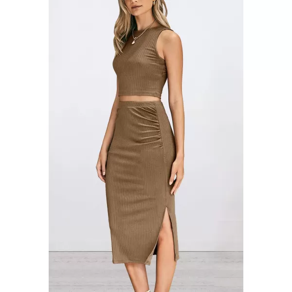 PRETTYGARDEN Womens 2 Piece Summer Outfits Crewneck Tank Tops Split Bodycon Midi Skirt SetCamel