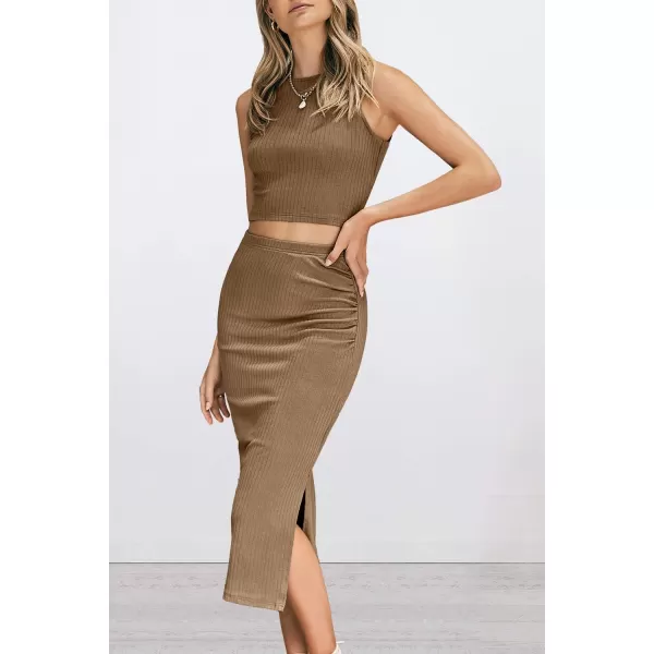 PRETTYGARDEN Womens 2 Piece Summer Outfits Crewneck Tank Tops Split Bodycon Midi Skirt SetCamel
