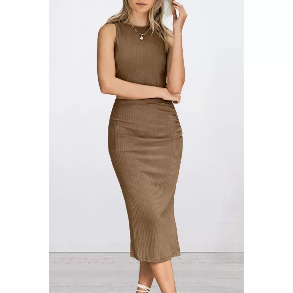 PRETTYGARDEN Womens 2 Piece Summer Outfits Crewneck Tank Tops Split Bodycon Midi Skirt SetCamel