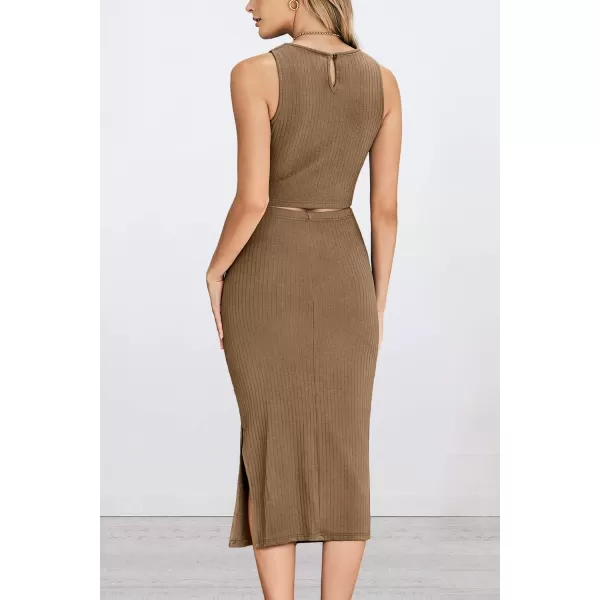PRETTYGARDEN Womens 2 Piece Summer Outfits Crewneck Tank Tops Split Bodycon Midi Skirt SetCamel