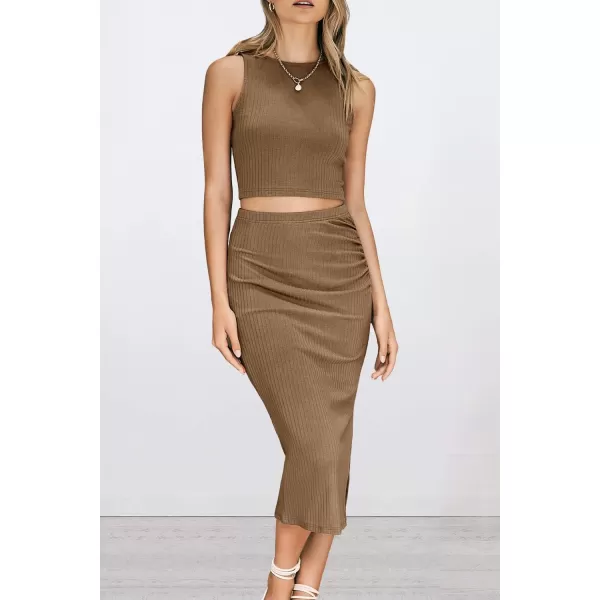 PRETTYGARDEN Womens 2 Piece Summer Outfits Crewneck Tank Tops Split Bodycon Midi Skirt SetCamel