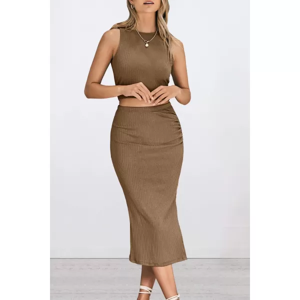PRETTYGARDEN Womens 2 Piece Summer Outfits Crewneck Tank Tops Split Bodycon Midi Skirt SetCamel