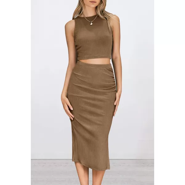PRETTYGARDEN Womens 2 Piece Summer Outfits Crewneck Tank Tops Split Bodycon Midi Skirt SetCamel