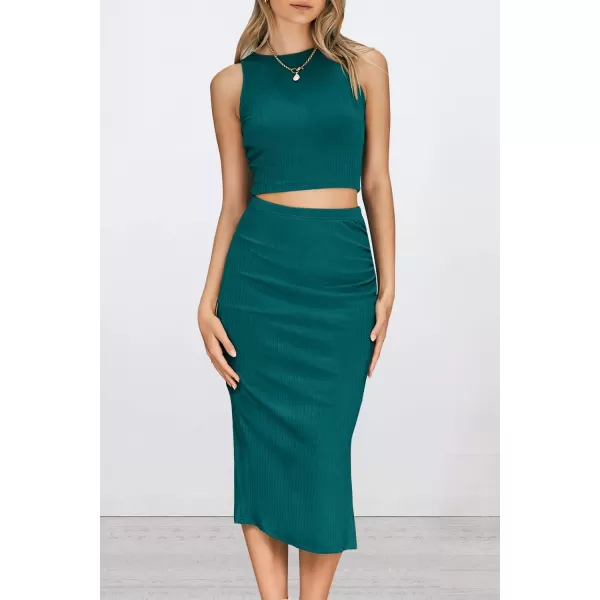 PRETTYGARDEN Womens 2 Piece Summer Outfits Crewneck Tank Tops Split Bodycon Midi Skirt SetDark Green