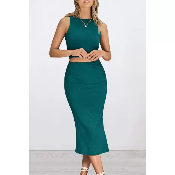 PRETTYGARDEN Womens 2 Piece Summer Outfits Crewneck Tank Tops Split Bodycon Midi Skirt SetDark Green