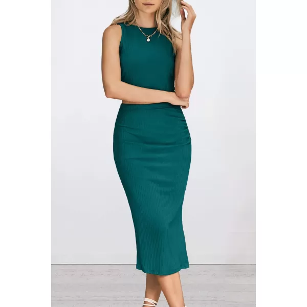 PRETTYGARDEN Womens 2 Piece Summer Outfits Crewneck Tank Tops Split Bodycon Midi Skirt SetDark Green