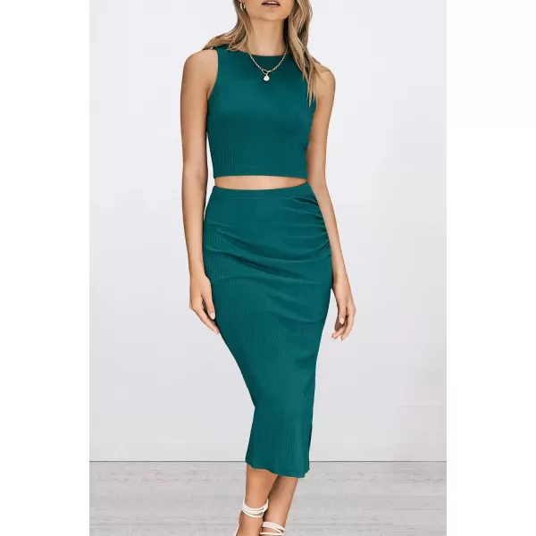 PRETTYGARDEN Womens 2 Piece Summer Outfits Crewneck Tank Tops Split Bodycon Midi Skirt SetDark Green
