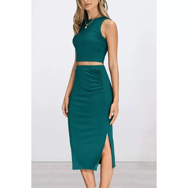 PRETTYGARDEN Womens 2 Piece Summer Outfits Crewneck Tank Tops Split Bodycon Midi Skirt SetDark Green