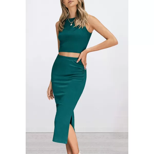 PRETTYGARDEN Womens 2 Piece Summer Outfits Crewneck Tank Tops Split Bodycon Midi Skirt SetDark Green